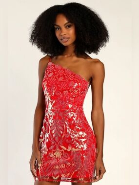 Lulus NWT Mesmerizing Shine Red Iridescent Sequin One-Shoulder Mini Dress Size S